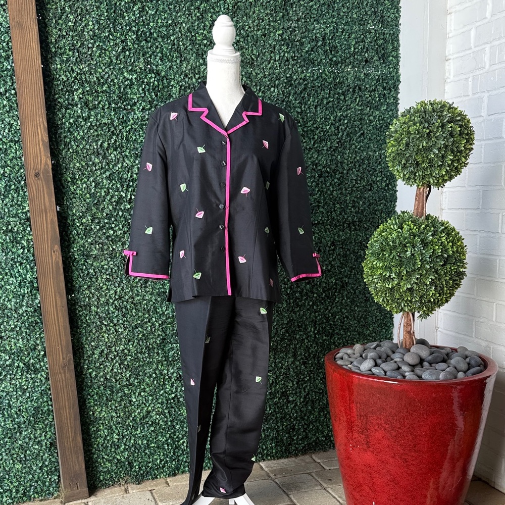Black Silk Pant Set w/Pink parasol, Trim & Green parasol embroidered Accents